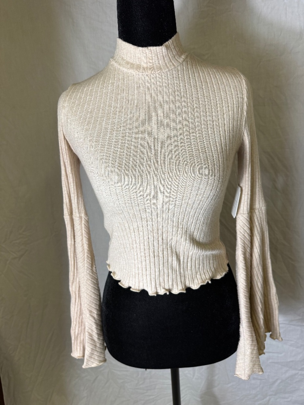 Cream Ribbed Knit Mock Neck Top with Bell Sleeves